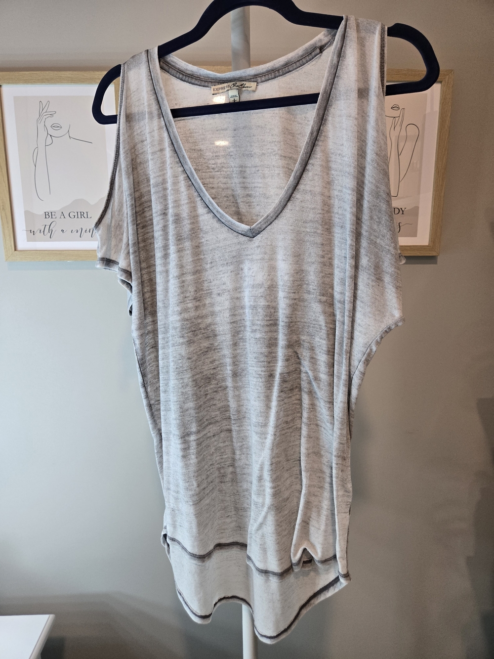 Express Gray V-Neck Cold-Shoulder Sheer Tank